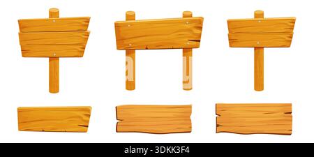 Set aus texturierten Holzplatten, Schildern mit Zeiger, Zaun mit Nägeln. Rustikales Brett, Planke mit Platz. Benutzeroberfläche des Spielmenüs, Elemente für Design-Elemente. Vektorabbildung Stock Vektor