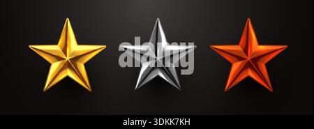 Realistische Sterne aus Gold, Silber und Bronze auf dunklem Hintergrund stehen für Leistung und Qualität. Vektorabbildung Stock Vektor