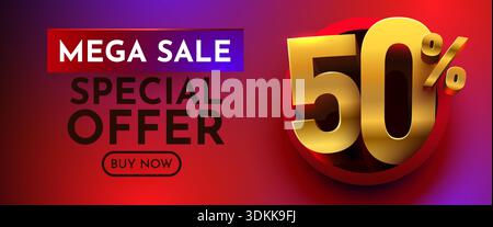 Aktionsbanner Für Mega Sale 50. Lebendige Werbegrafik mit goldenen 3D-Rabattnummern. Vektorabbildung. Stock Vektor