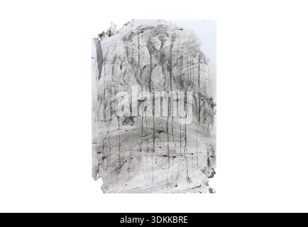 Schmutziges weißes zerrissenes Blatt mit schwarzer Tinte als Textur oder Hintergrund, isolierter Schnittpfad Stockfoto