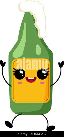 Süße grüne Bierflasche Kawaii Charakter mit lächelndem Gesicht und erhobenen Händen isoliert auf weißem Hintergrund. Stock Vektor