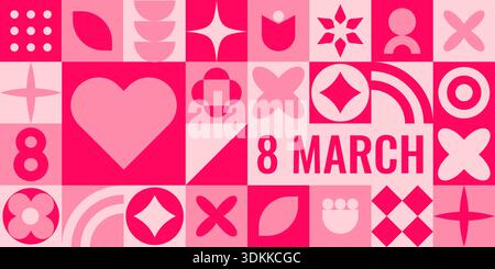 Geometrisches abstraktes Banner für den Internationalen Frauentag mit rosafarbenen Formen und modernem, flachem Stil. Stock Vektor