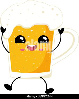 Niedlicher Bierkrug Kawaii Charakter mit Schaum lächelnd isoliert auf weißem Hintergrund. Stock Vektor
