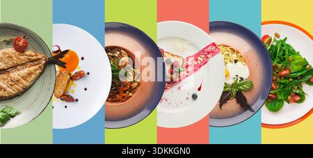 Verschiedene Gerichte werden in einem hellen Farbset auf Tellern serviert Stockfoto