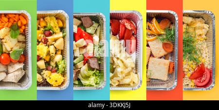 Buntes Set von Speisen in Tabletts mit verschiedenen Zutaten und Texturen in hellen Farben Stockfoto