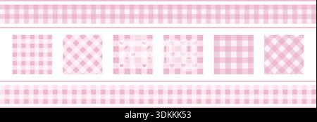Set aus rosa Gingham- oder vichy-Mustern und -Rändern. Karierte Picknick-Muster. Drucke auf Tischdecken, Decken, Servietten oder Taschentüchern. Coquette-Designs aus Stoff für Babys. Illustration der Vektorabwicklung. Stock Vektor