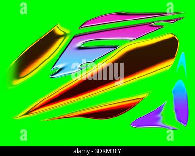 Abstrakte, metallische Formen mit schillernden Farben schweben vor einem leuchtend grünen Hintergrund. Die Formen wirken fließend und dynamisch, mit glatten, reflektierenden Formen Stockfoto
