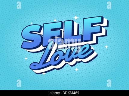 Ein lebendiges Grafikdesign mit den Worten „Self Love“ in auffälliger, stilisierter Typografie mit blauem Farbverlauf und glitzerndem Hintergrund Stock Vektor