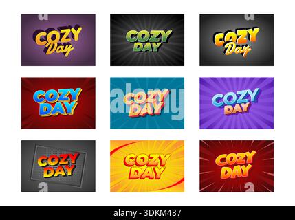Eine Collage aus neun farbenfrohen Grafiken mit Cozy Day in verschiedenen Styles. Jeder verfügt über ein einzigartiges Farbschema und eine Schriftart, die einen lebendigen und einladenden geldautomaten schaffen Stock Vektor