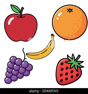 Kollektion minimalistischer Fruchtsymbole mit Apfelorange Bananentrauben und Erdbeere für gesundes Food Design Stock Vektor