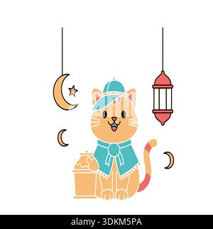 Niedliche Kawaii Orange Cat Illustration mit islamischem Halbmond Mond und Ramadan Laterne für festliche Grüße Stock Vektor