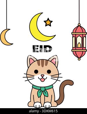 Niedliche Kawaii Katze trägt muslimische Gebetskappe für Eid Mubarak Gruß und islamische festliche Illustration Stock Vektor
