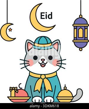 Niedliche Kawaii Katze trägt muslimische Gebetskappe für Eid Mubarak Gruß und islamische festliche Illustration Stock Vektor