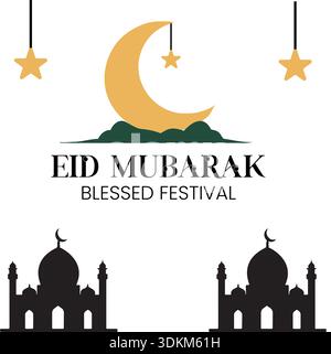 Minimalistische Mubarak-Grußkarte mit Moschee-Silhouette und goldenen hängenden Sternen für islamische Feste Stock Vektor