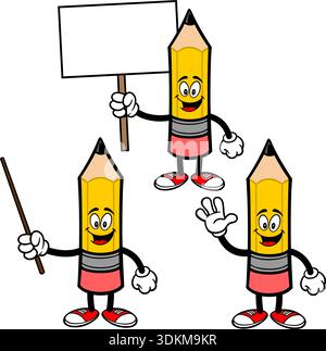 Bleistiftmaskottchen Set 02, handgezeichnete Illustrationen von Bleistiftmaskottchen in verschiedenen Posen. Stock Vektor