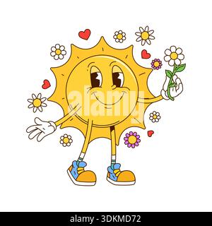 Cartoon groovige Sonnenfigur mit Gänseblümchenblume Stock Vektor