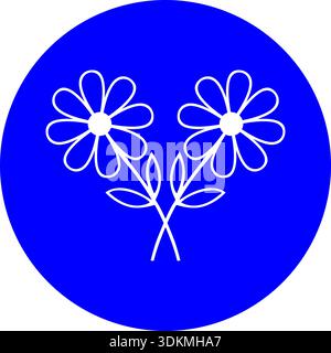 Minimalistischer Gänseblümchenstrauß mit zwei überkreuzten Stielen mit symmetrischen Blütenblättern, die in einem massiven blauen Kreis für Blumendesign und Frühlingsnatur eingeschlossen sind Stock Vektor