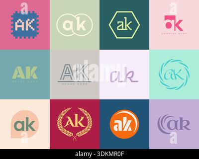 Firmenvorlage des AK-Logos. Buchstaben A und k. Setzen Sie mit Designelementen verschiedene klassische Serifenschriftarten und modernen, auffälligen Text. Anfängliche Schriftart Stock Vektor