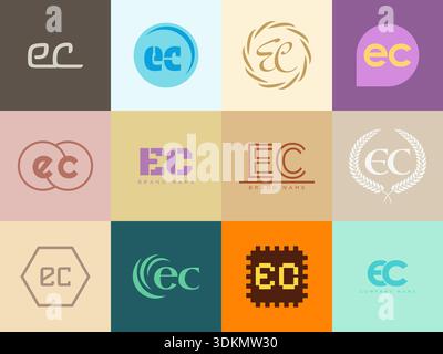 Firmenvorlage mit EC-Logo. Schriftzug Buchstaben e und c. Setzen Sie mit Designelementen verschiedene klassische Serifenschriftarten und modernen, auffälligen Text. Anfängliche Schriftart Stock Vektor