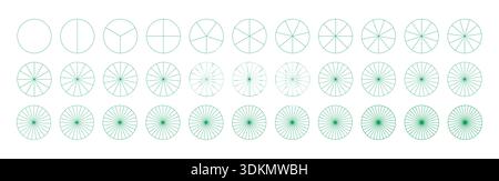 Vorlage für Torten-, Pizzakarten. Segmentierte Diagramme von 1 bis 33 Segmenten. Segmente runden Infografik ab. Diagramm Radteile. Sektoren teilen den Kreis auf gleich Stock Vektor
