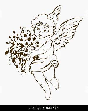 Karte „Cupid Line Art Mit Blumenstrauß Zum Valentinstag“ Stock Vektor