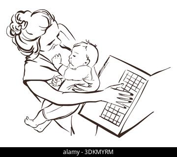 Arbeitende stillende Mutter mit Baby Line Art Illustration Stock Vektor