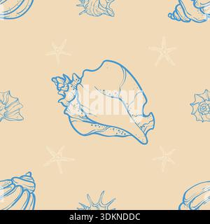 Muscheln und Seesterne auf beigefarbenem Hintergrund. Handgezeichnete Marine-Illustration Stock Vektor