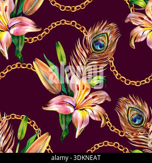 Luxuriöses, nahtloses Muster in Aquarellen mit eleganten rosa Lilien und Pfauenfedern, die mit goldenen Ketten verwoben sind. Ein raffiniertes botanisches Stockfoto