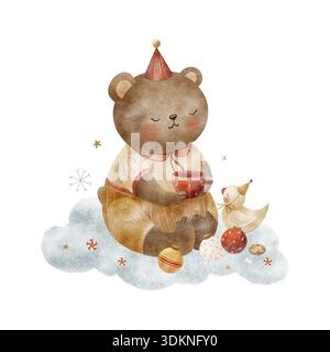Teddybär, Teetasse, Ente, Weihnachtsspielzeug auf Wolkenschneewehen. Handgezeichnetes Aquarell-Illustrationstier im kindlichen Stil für Grußkarten-Designs Stockfoto