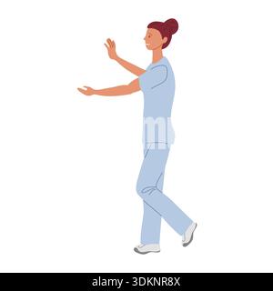 Krankenschwester in blauer medizinischer Fachuniform begrüßt Patienten mit offenen Armen. Illustration des flachen Vektors. Klinikpersonal. Stock Vektor