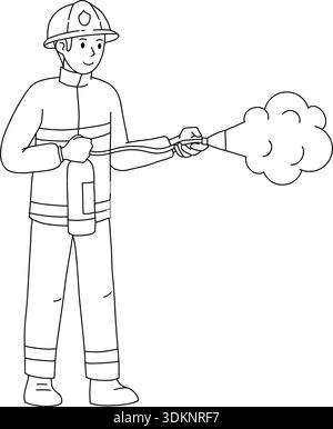 Iicon des männlichen Feuerwehrmannes in voller Uniform mit funktionierendem Feuerlöscher. Lineare Vektorkonstruktion, geeignet für Sicherheitsschilder Stock Vektor