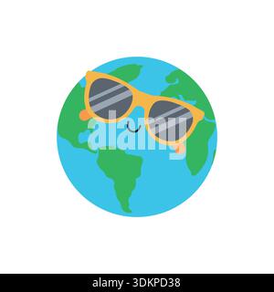 Der süße Planet Erde trägt eine gelbe Sonnenbrille. Vektorabbildung isoliert auf weißem Hintergrund. Stock Vektor