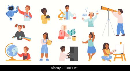 Verschiedene Grundschüler, die sich mit Mathematik, Wissenschaft, Kunst, Musik, Sport, Technologieaktivitäten, die verschiedene Lernstile des Schulunterrichts darstellen, isoliert auf Vektorillustration mit weißem Hintergrund Stock Vektor