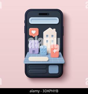 Niedliche Mini-UI-Welt auf dem Smartphone-Bildschirm, die Gebäude, Schaltflächen und soziale Symbole für moderne mobile App-Oberfläche zeigt, pastellfarbenes 3D-Design auf rosa Hintergrund Vektorillustration Stock Vektor