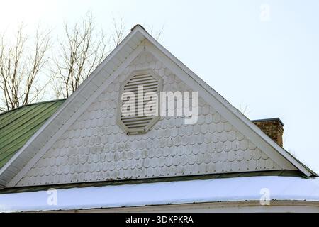 Dach mit Schindeln, Lüftungsspitzen über schneebedeckten, bodenlosen Bäumen. Stockfoto