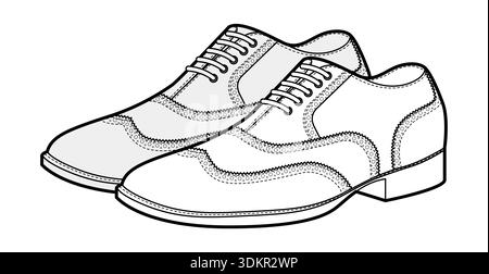 Lochstickchen Herren Schnürschuhe Skizzenpaar. Schuhe aus perforiertem Leder mit klassischem Flügelspitzendetail, eleganter, legerer Bürostil. Technische Illustration CAD-Modell Skizzenvektorkontur isoliert auf weiß Stock Vektor