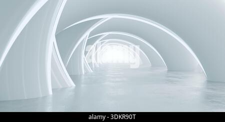 Futuristischer, weißer Bogentunnel, der zu einem hellen Fluchtpunkt führt Stockfoto