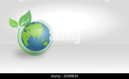 Grünes Ökosymbol der Erde mit Blättern auf grauem Hintergrund. Vektorillustration für ökologische Nachhaltigkeit und Planetenschutz mit Kopierraum. Stock Vektor