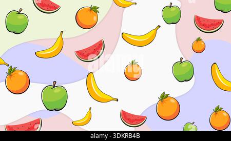 Hintergrund mit farbenfrohem Fruchtmuster mit Apfel, Banane, Orange und Wassermelone. Niedliche Karikaturvektorillustration von frischen Sommerfrüchten Stock Vektor