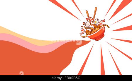 Schwebender Ramen-Nudelschüssel mit Garnelen, Ei und Pilzen. Japanische Lebensmittel Vektor-Illustration Stock Vektor