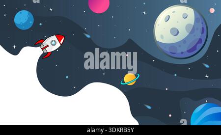 Space Shuttle Rakete startet in die Galaxie mit Mond und Planeten. Flache Vektor-Illustration eines Raumschiffes mit Rauchwolken und Sternenhimmel Stock Vektor
