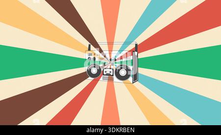 Retro-Radio-Boombox auf farbenfrohem Hintergrund. Vektorillustration im Vintage-Stil der 80er Jahre eines Kassettenspielers Stock Vektor