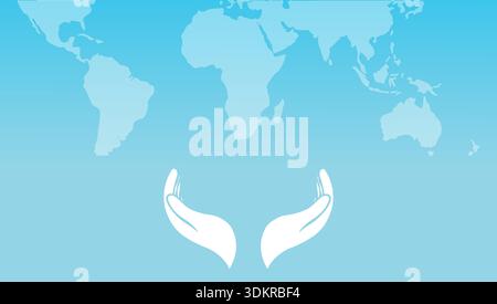 Weltweites Versorgungskonzept mit Weltkarte und Symbol für schröpfende Hände. Minimalistische blaue Vektor-Illustration für internationale Hilfe und Umweltschutz Stock Vektor