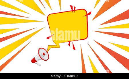 Megaphon mit einer großen gelben Sprechblase auf einem dynamischen Sonnenschein-Hintergrund. Vektorillustration im Comic-Stil für laute Durchsagen Stock Vektor