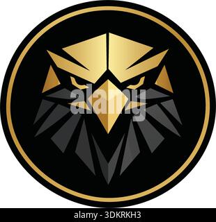 Luxuriöses Logo Mit Goldenem Adler-Kopf, Vorderansicht. Symmetrisches Falken-Emblem für königliches Wappen und Sicherheitsabzeichen. Luxuriöses Hawk Mascot für Esports, Gaming Stock Vektor