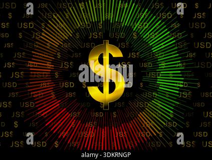 Goldenes Dollarzeichen mit Kreisdiagramm, das Finanzwachstum und -Rückgang auf schwarzem Hintergrund zeigt. Vektorgrafik Stock Vektor