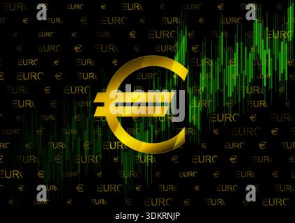 Goldenes Euro-Symbol mit grünem Finanzdiagramm auf dunklem Hintergrund, Marktwachstum und Wirtschaft. Verschiedene Symbole und Symbole. Vektordesign Stock Vektor