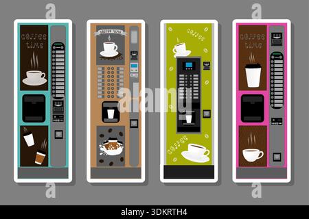 Illustration Symbol auf Thema großes farbiges Set verschiedene Arten Kaffeemaschine, neue Größe Logo Verkauf, Kaffeemuster bestehend aus Sammlung Zubehör Stock Vektor