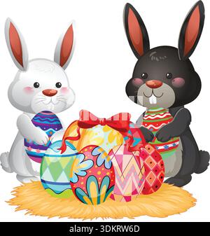 Weiße und schwarze Karikaturkaninchen halten gemusterte Ostereier neben einem Strohnest auf weiß Stock Vektor