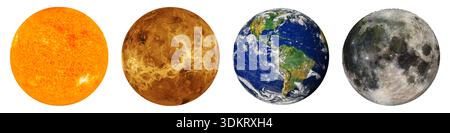 Sonne, Venus, Erde, Mond isoliert auf weißem Hintergrund, Satellitenansicht der Planeten im Sonnensystem. Stockfoto